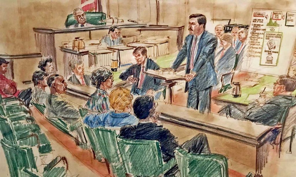 Courtroom drawing of Mark Cymrot giving closing arguments